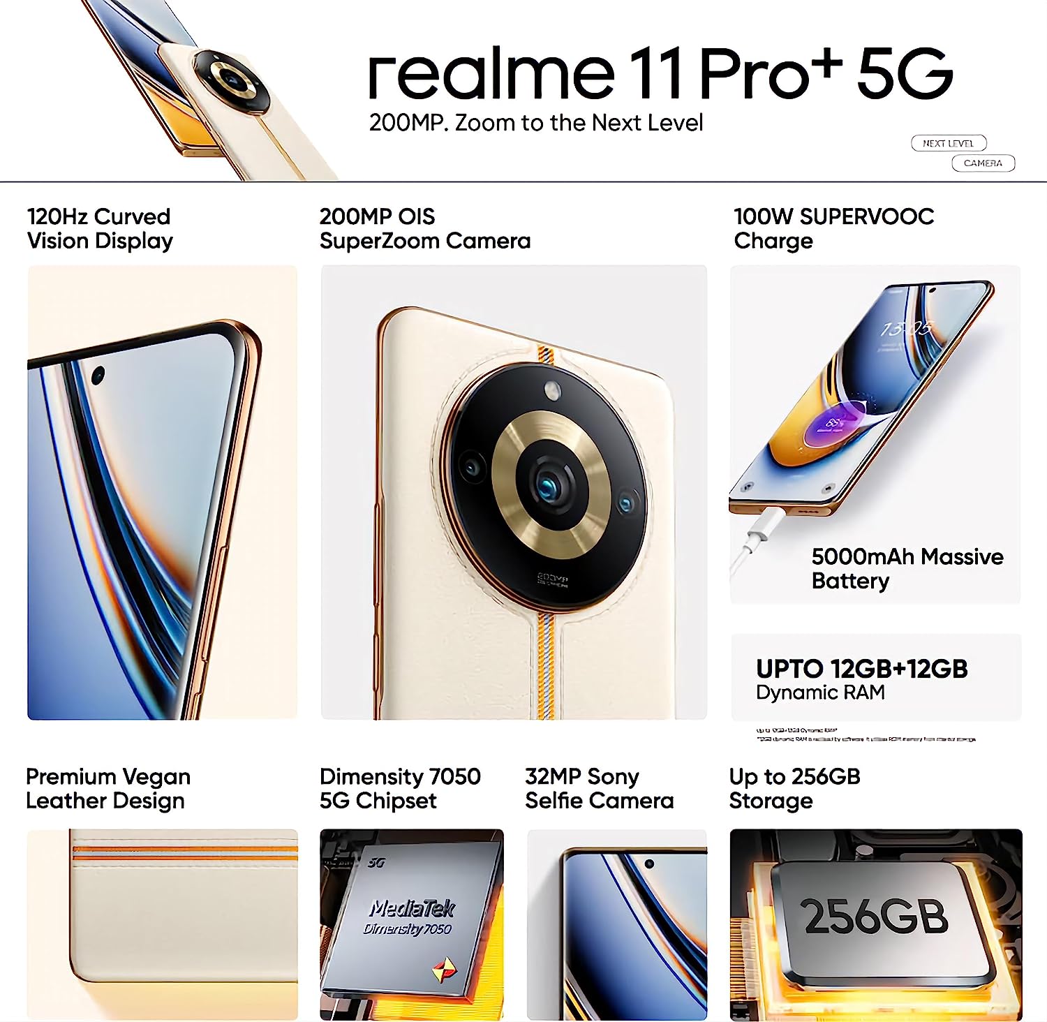 Realme 11 Pro Plus With 6.7 Inches Amoled Display , 200 MP Triple Camera , Under Display Fingerprint sensor , Li-Po 5000mAh Powerful Battery 4