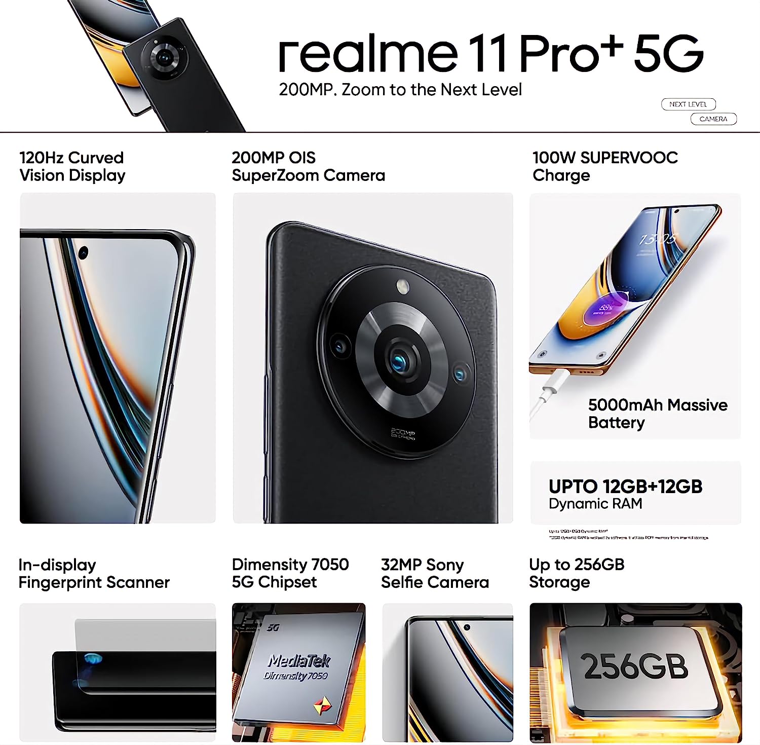 Realme 11 Pro Plus With 6.7 Inches Amoled Display , 200 MP Triple Camera , Under Display Fingerprint sensor , Li-Po 5000mAh Powerful Battery 10